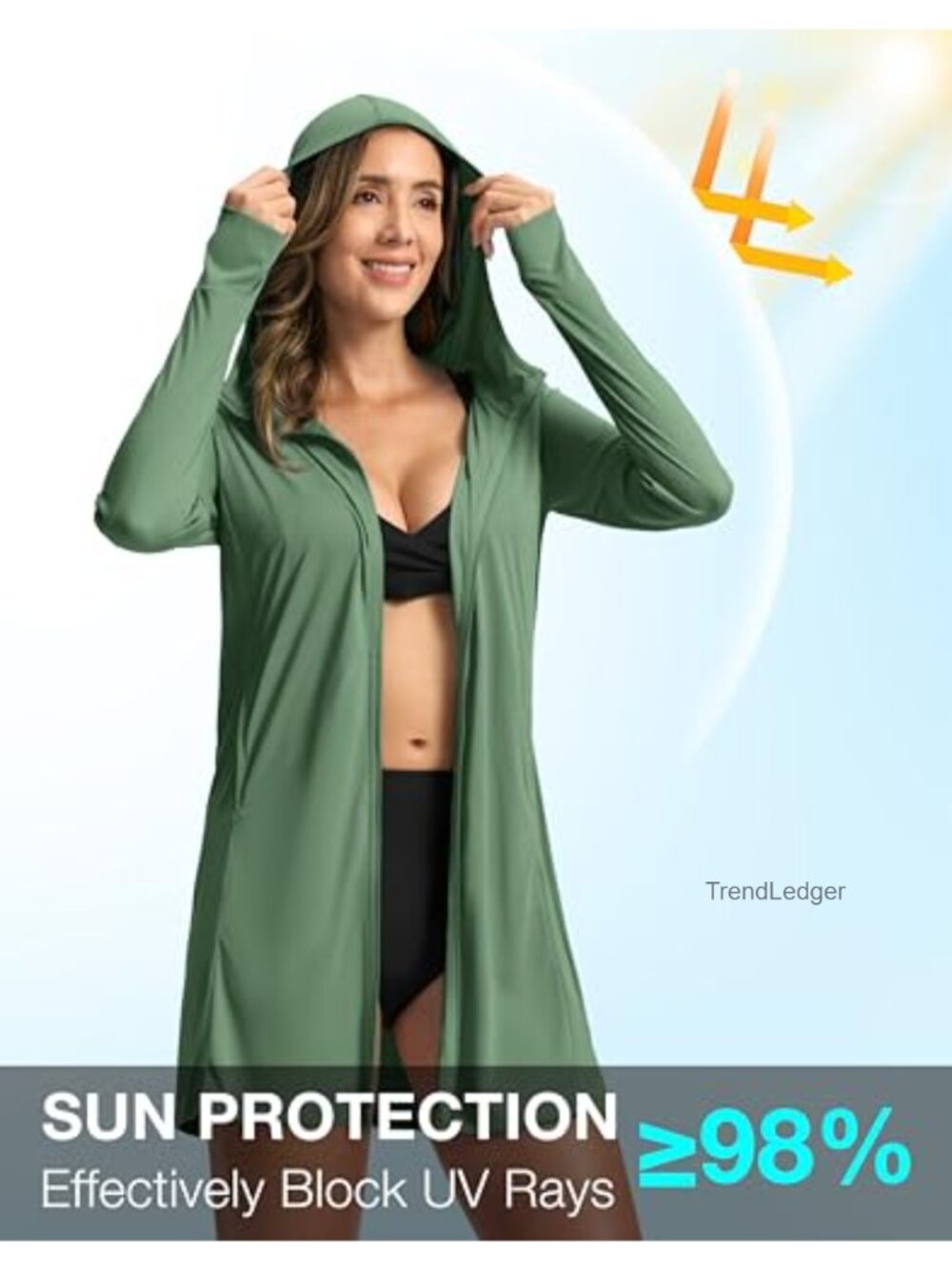 Women's UPF 50+ Swim Cover Up Sun Protection Hoodie Jacket Long Sleeve - Picture 1 of 5